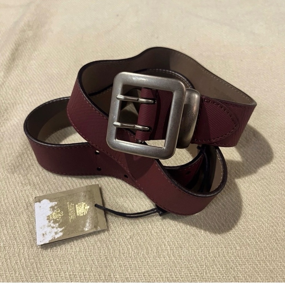 Burberry Red Leather Men's Belt with Aged Silver Buckle